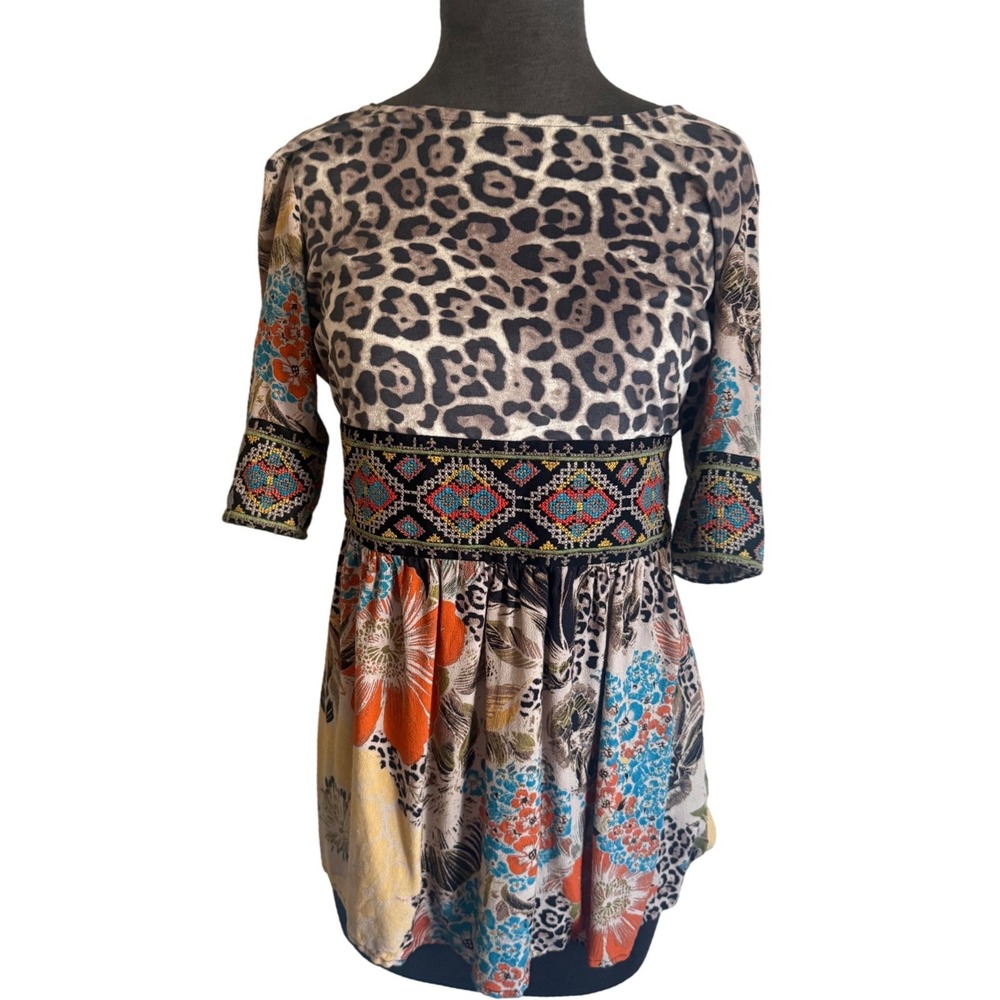 Sharon Young Leopard Floral Mixed Media Embroidered Tunic Top XS S39414BM